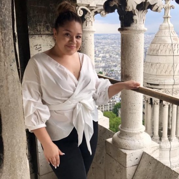 WORN ONCE White Rushed Lantern Sleeve Wrap Blouse - Picture 1 of 11